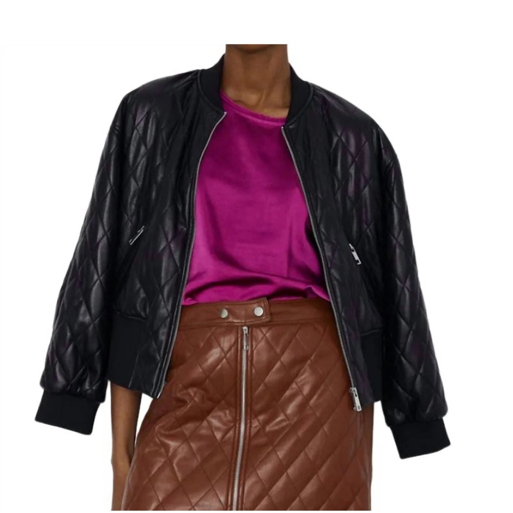 NWT Melissa Nepton Black Quilted Faux Leather bomber jacket
